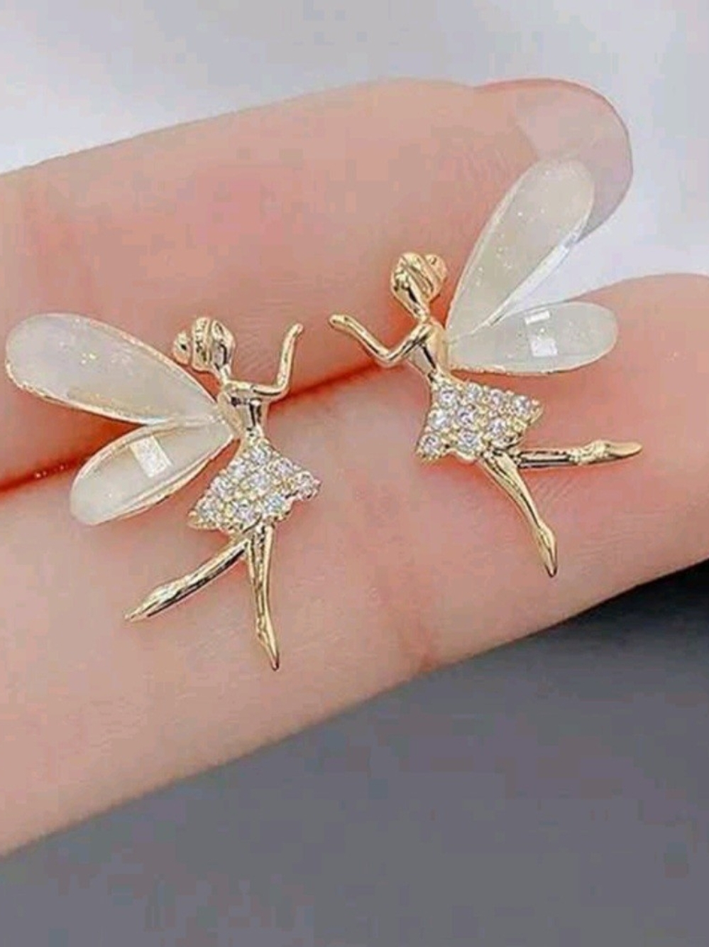 Gold Tone Pixie Fairy Wing Crystal Stud Earrings New!